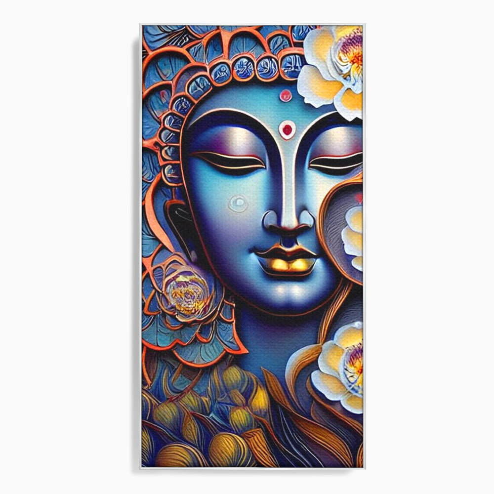 Tablou canvas cu tablou canvas cu portretul lui buddha, in rama de aluminiu argintiu